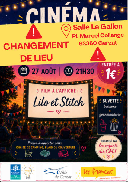 LES ESTIVALES DE GERZAT  : Cinéma déplacé à la Salle du GALION !