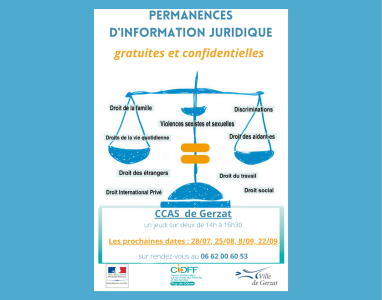 Permanences juridiques du CIDFF au CCAS de Gerzat – Prochaine ce 28 juillet de 14h à 16h30 – Dates pour Juillet – Août – Septembre 2022