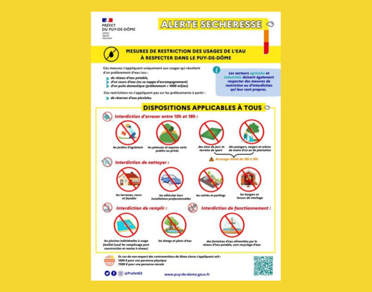 Alerte sécheresse Puy-de-Dôme – Niveau “alerte” pour GERZAT à compter du 13 novembre 2023