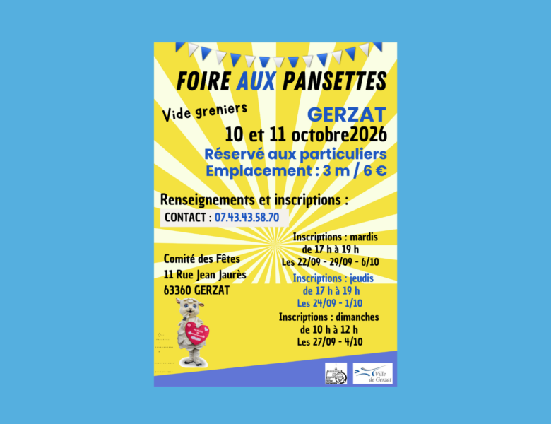 Vide-greniers de la Pansette 2026 les 10 et 11/10 – Permanences les 22, 24, 27 et 29/09 + 1, 4 et 6/10